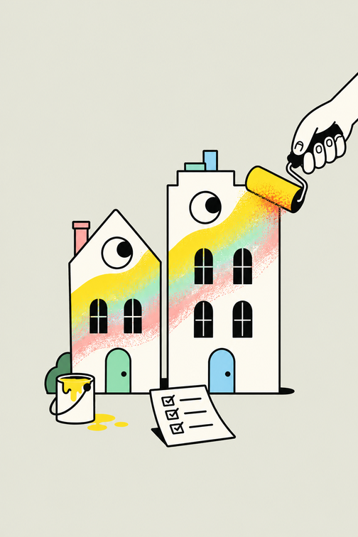 Illustration: two buildings being painted, with a paint can and a checklist